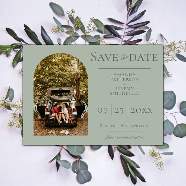 Enkel Arkfoto | Spara datum i Sage Green Datumet (Sage Green Simple Arch Photo Save the Date)