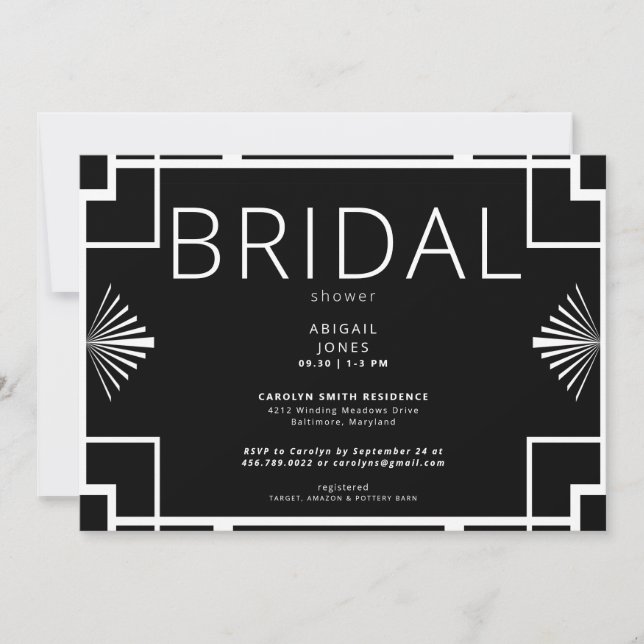 Enkel Art Deco Ram Svart & Vitt Bröllopsdusch Inbjudningar (Framsida)