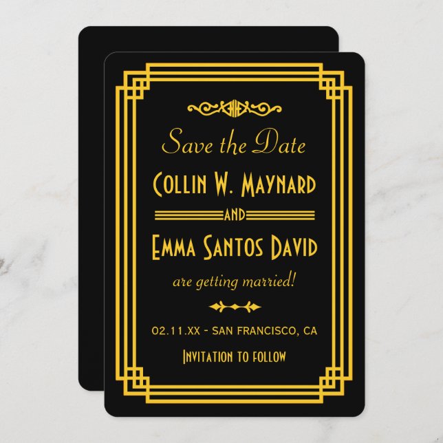 Enkel Art Deco Svart och Guld Save The Date Inbjudningar (Fram/baksida)