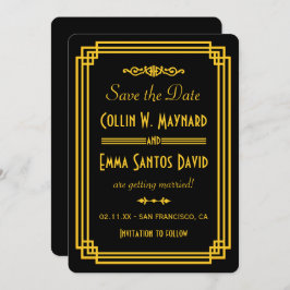 Enkel Art Deco Svart och Guld Save The Date Inbjudningar
