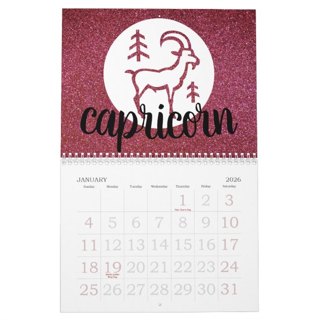 Enkel astrologi Zodiac Glitter Birthstone Chart Kalender (Jan 2026)