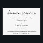 Enkel, Avslappnad uppskjuten avisering av Bröllop Inbjudningar<br><div class="desc">Här är ett enkelt kort för att meddela dina gäster om det blir nödvändigt att ändra ditt bröllop-datum. Använda mallens fält för att lägga till dina personuppgifter och göra den här unika, moderna designen till din egen. Den vita bakgrunden kan ändras till valfri färg. Alla typsnitt och färger kan också...</div>