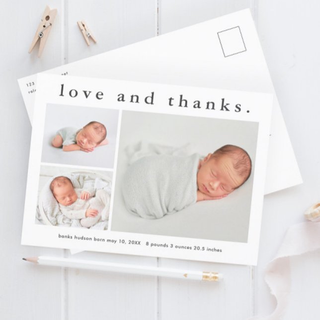 Enkel Baby Födelse Annonsering Tack Vykort (Simple 3 photo baby announcement thank you postcard.)
