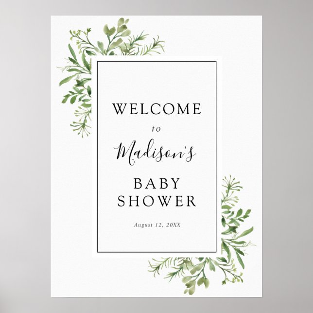 Enkel Baby Shower-välkomstskylt med Grönska Poster (Framsidan)