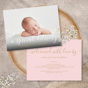 Enkel babyfoto skript Rosa flicka Födelse Meddelande Vykort