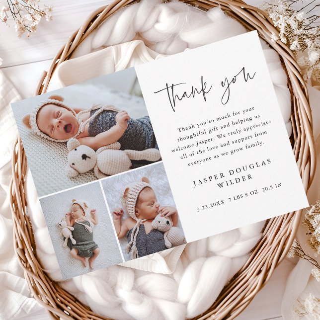 Enkel Babykort med 3 Bilder Tack Kort (Simple 3 photo collage baby announcement thank you cards.)