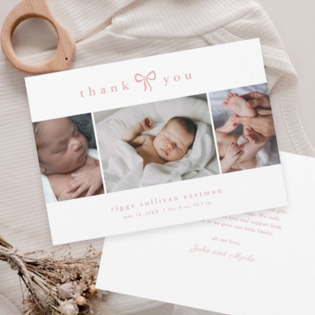 Enkel Båg Flicka Foto Collage Baby Meddelande (Simple dusty pink bow 3 photo collage baby announcement thank you cards.)
