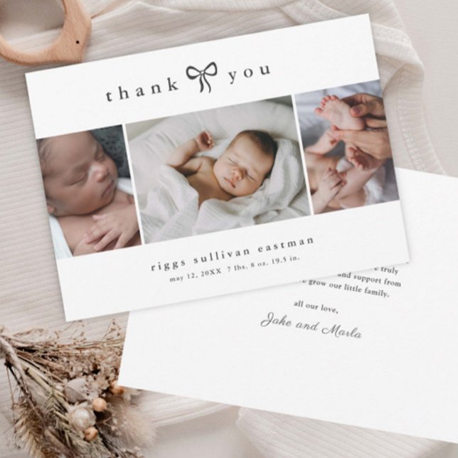 Enkel Båg Foto Collage Baby Tack Kort (Simple hand-drawn bow black and white 3 photo collage baby announcement thank you cards.)