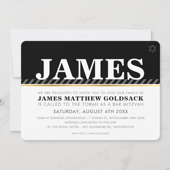 ENKEL BAR MITZVAH modern judisk stjärna svart vit Inbjudningar (Framsida)