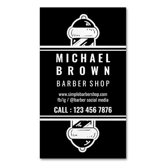 Enkel Barberstång Minimalistisk Svart Vit Magnetiska Visitkort (Framsida vertikal)