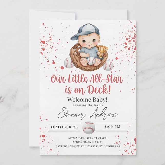 Enkel Baseboll Baby Shower En Liten Slugger Inbjudningar (Framsida)