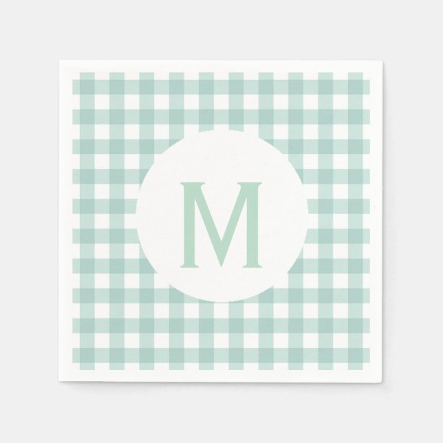 Enkel Basic Sage Grönt Gingham Monogram Pappersservett (Framsidan)
