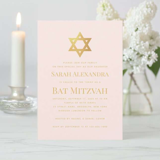 Enkel Bat Mitzvah Rosa & Falskt Guld Davidsstjärna Inbjudningar (Skapare uppladdad)