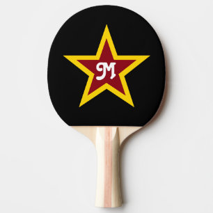 Enkel beställnings- Monogram för röd & gul stj Pingisracket