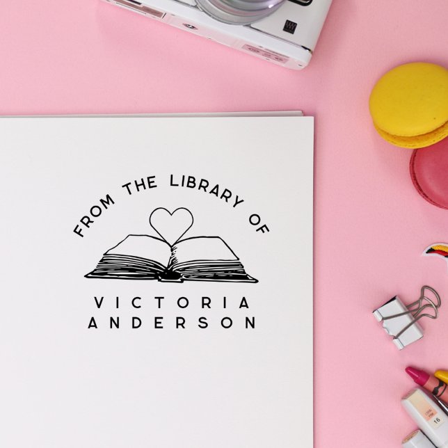 Enkel | BIBLIOTEK | Öppna Bok Stämpel (Cute Simple | From The Library Of | Open Book and Heart Rubber Stamp. Sweet and girly)