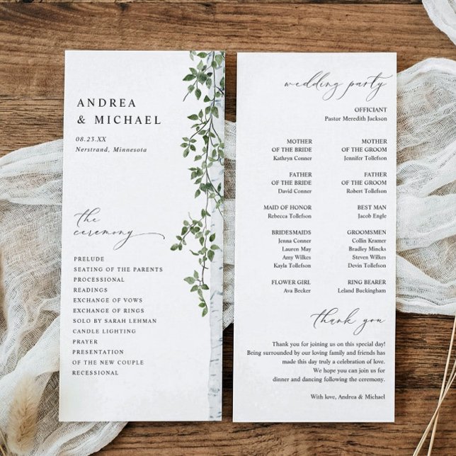 Enkel Björkträd Grönska Löv Bröllop Program (Birch or aspen tree wedding programs - outdoor greenery wedding.)