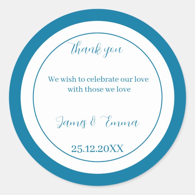 Enkel, blå, anpassad Bröllop Runt Klistermärke (Framsida)