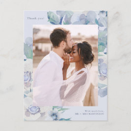 Enkel blå Blommigt ett foto Bröllop Tack Vykort