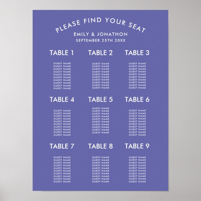 Enkel Blå Bröllopsställningsdiagram Poster (Framsidan)