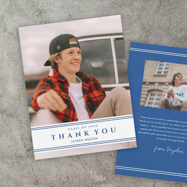 Enkel blå fotoutexaminerings-kort med tack kort (Blue Graduation Photo Thank You Cards.)