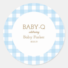 Enkel blå gingham-babyshower-dekal runt klistermärke