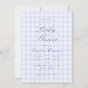 Enkel blå gingham-babyshower-inbjudan inbjudningar