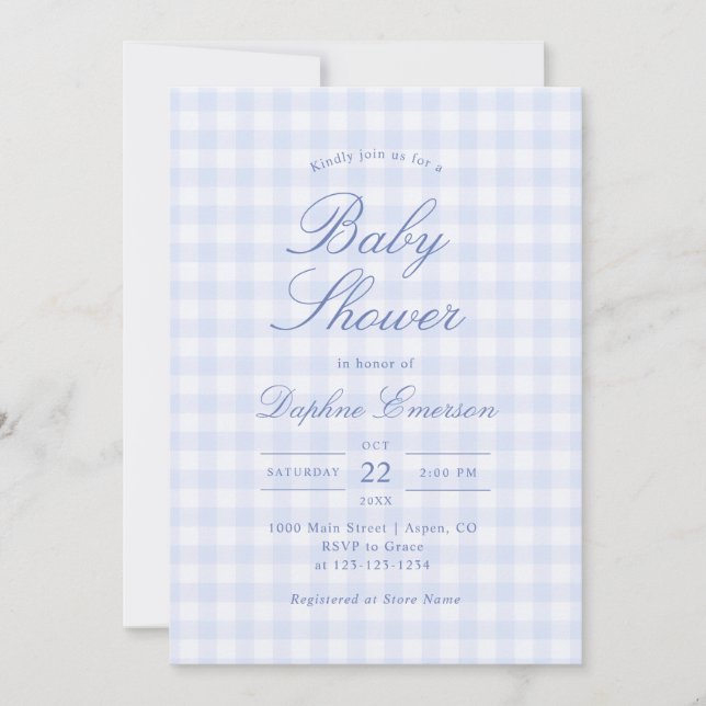 Enkel blå gingham-babyshower-inbjudan inbjudningar (Framsida)