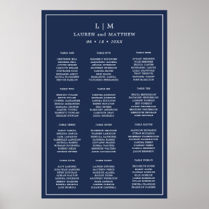 Enkel blå monogram bröllops sittplatskarta poster