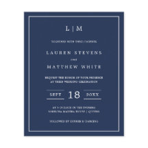 Enkel blå monogram budgetbröllopsinbjudan