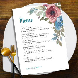 Enkel blå och Rosa vattenfärgsfärg Blommigt Bröllo Meny
