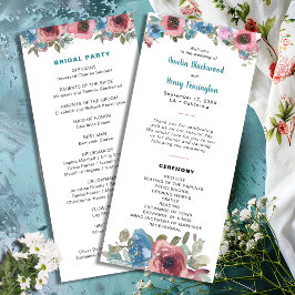 Enkel blå och Rosa vattenfärgsfärg Blommigt Bröllo Program