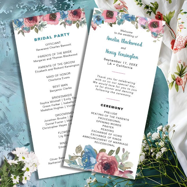 Enkel blå och Rosa vattenfärgsfärg Blommigt Bröllo Program (Skapare uppladdad)