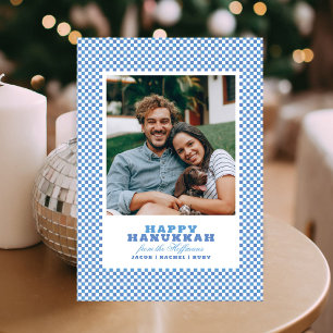 Enkel blå och vit Gingham Foto Hanukkah-kort Julkort