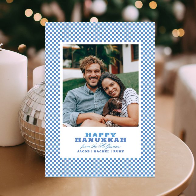 Enkel blå och vit Gingham Foto Hanukkah-kort Julkort (Skapare uppladdad)