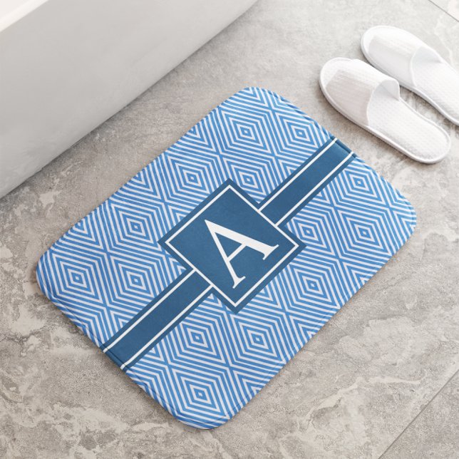 Enkel blå och vit modern geometrisk monogram badrumsmatta (Skapare uppladdad)