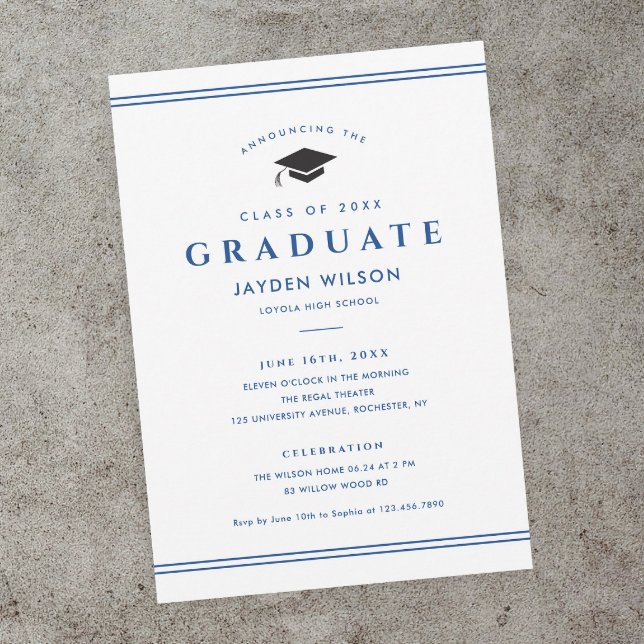 Enkel blå och vit sportig examensinbjudan (Classic blue and white sporty graduation magnetic invitation announcements.)