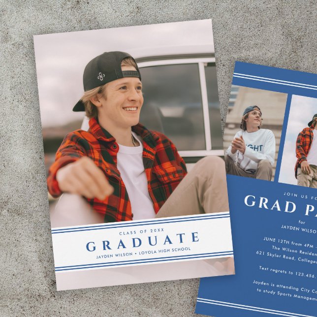 Enkel blå och vit sportig fotourtexamen  inbjudningar (Sporty blue and white photo graduation invitation announcements.)