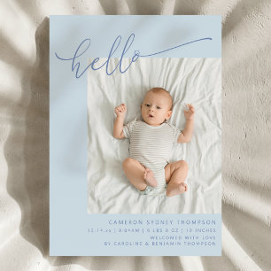 Enkel Blå Skrift Söt Hej Bebis Två Foto Födelse Meddelande