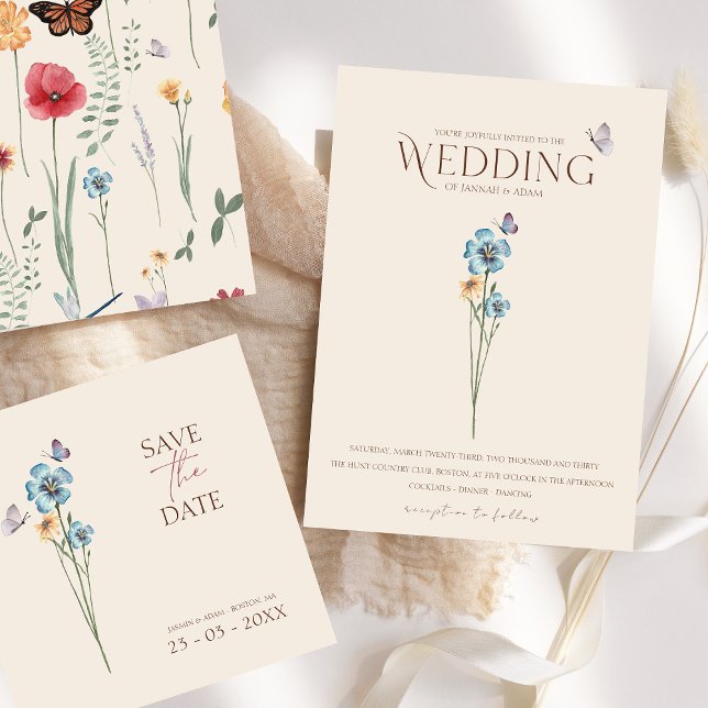 Enkel Blå Vildblomma Fjäril Blommig Bröllop Inbjudningar (Simple Blue Wildflower Butterflies Floral Wedding Invitation)