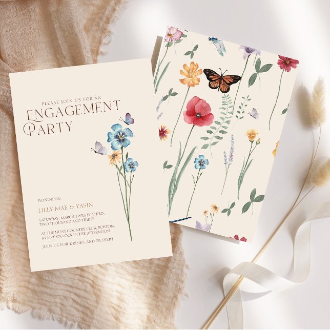 Enkel blå vildblomma fjäril förlovningsfest inbjudningar (Simple Blue Wildflower Wedding Engagement Party Invitation)