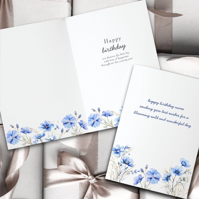 Enkel Blå Vildblomma Födelsedag Kort (Feminine blue wildflowers handwritten personalized birthday card)
