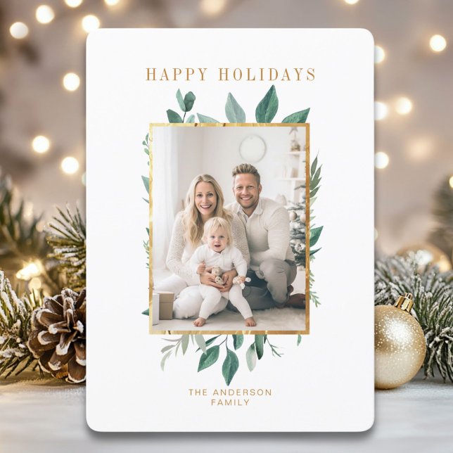 Enkel Bladrik, Guld 1 Foto Julkort (Happy Holidays! Simpel Leafy, Gold 1 Photo Holiday Card. )