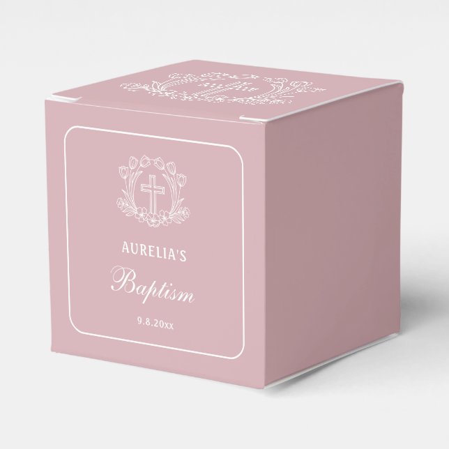 Enkel blomkors på rosa dopkub presentaskar (Framsidan Sidan)