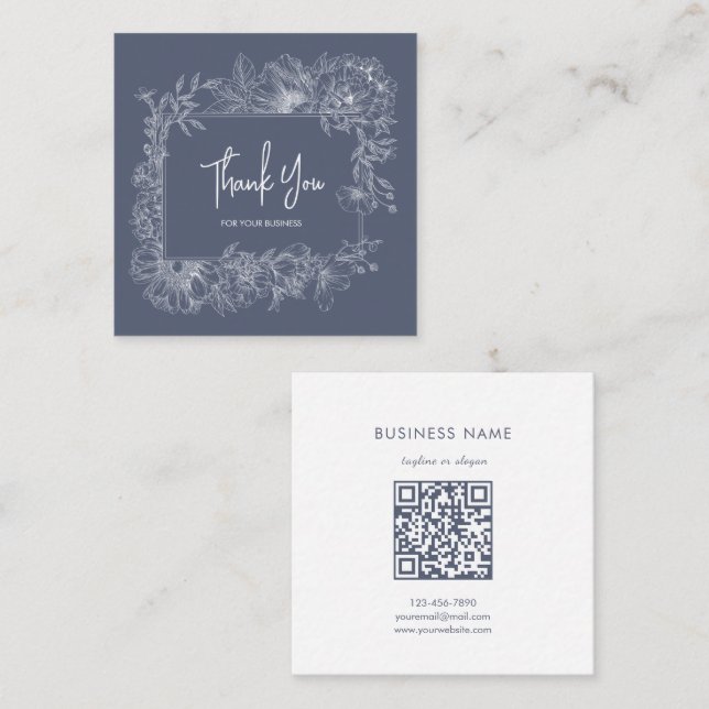 Enkel Blommig Linje Dämpad Blå QR-kod Tack Fyrkantigt Visitkort (Fram/baksida)