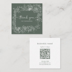 Enkel Blommig Linje Dämpad Grön QR-kod Tack Fyrkantigt Visitkort