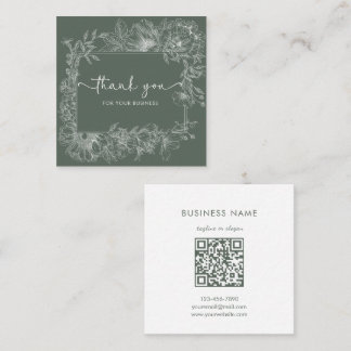 Enkel Blommig Linje Dämpad Grön QR-kod Tack Fyrkantigt Visitkort