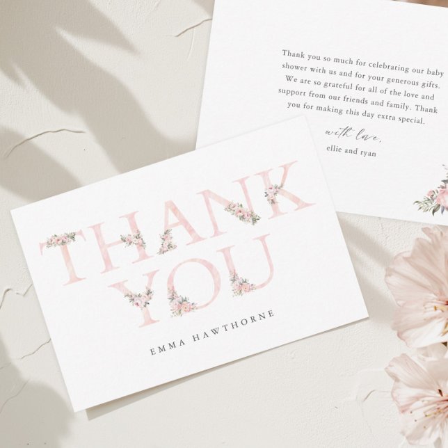 Enkel Blommig Typografi Rosa Baby Shower Tack Kort (Elegant Floral Typography Pink Baby Shower Thank You Cards.)