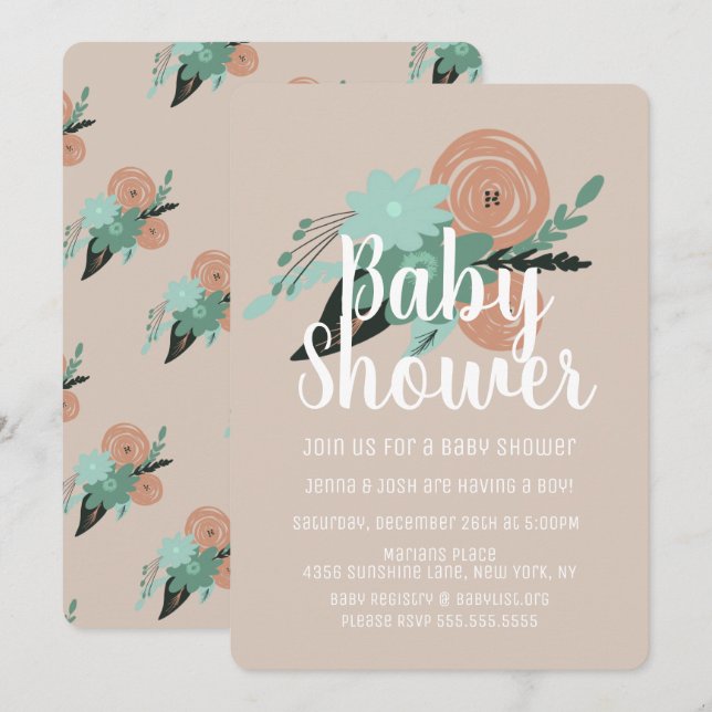 Enkel Blommig Vallmo Fersk Korall Baby Shower Inbjudningar (Fram/baksida)