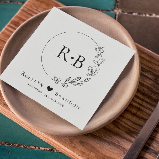 Enkel Blommigt Elegant Utandning Bröllop Monogram Pappersservett (Monogrammed wedding napkins in chic, minimal wreath floral design. Customizable names and date.)