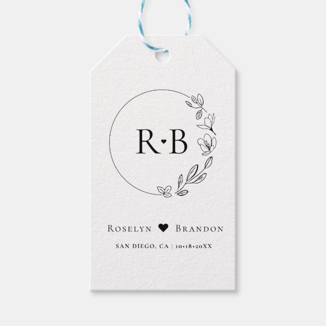 Enkel Blommigt Elegant Utandning Bröllop Monogram Presentetikett (Framsidan)